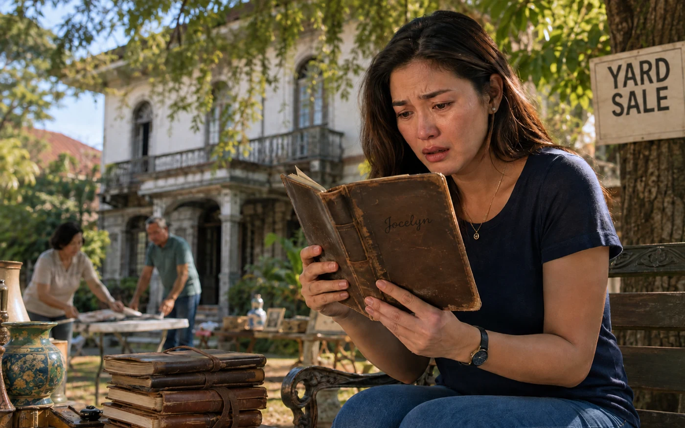 A tearful Filipina woman holds a worn leather journal labeled "Jocelyn" at an outdoor yard sale.