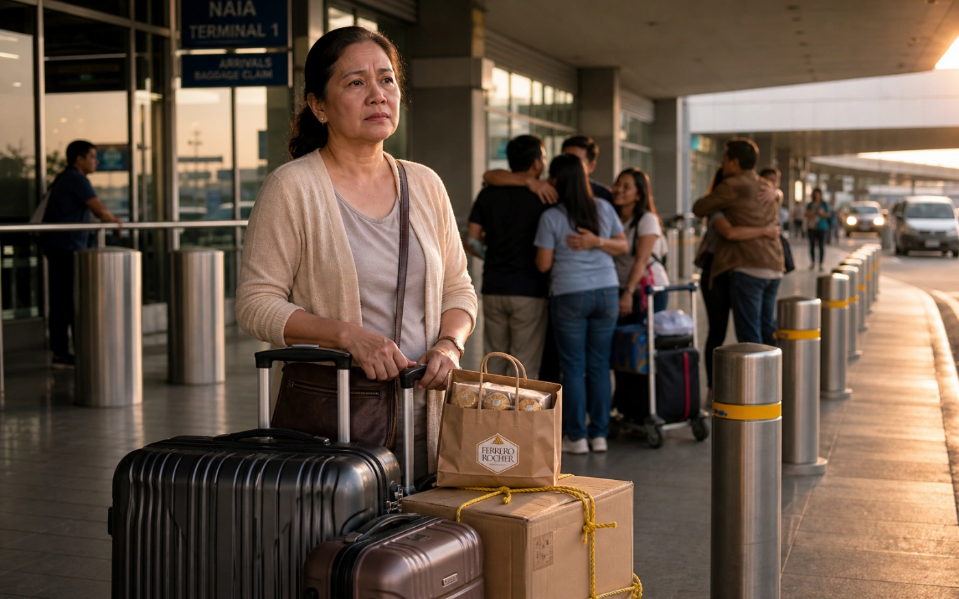 A middle-aged Filipina traveler waits alone with suitcases and a yellow-rope box outside NAIA Terminal 1 as families embrace behind her.