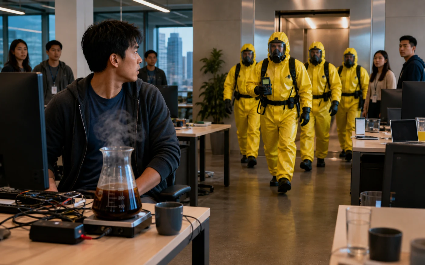 A startled Filipino software engineer sits beside steaming coffee in laboratory glassware as four yellow-suited Hazmat responders approach through an office.