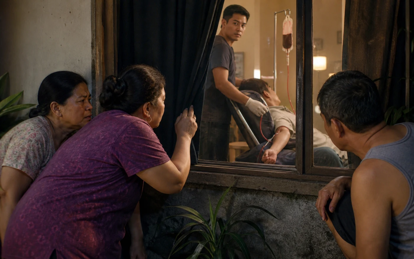Three Filipino neighbors peer through a window as Rafael tends to a reclining blood donor inside.