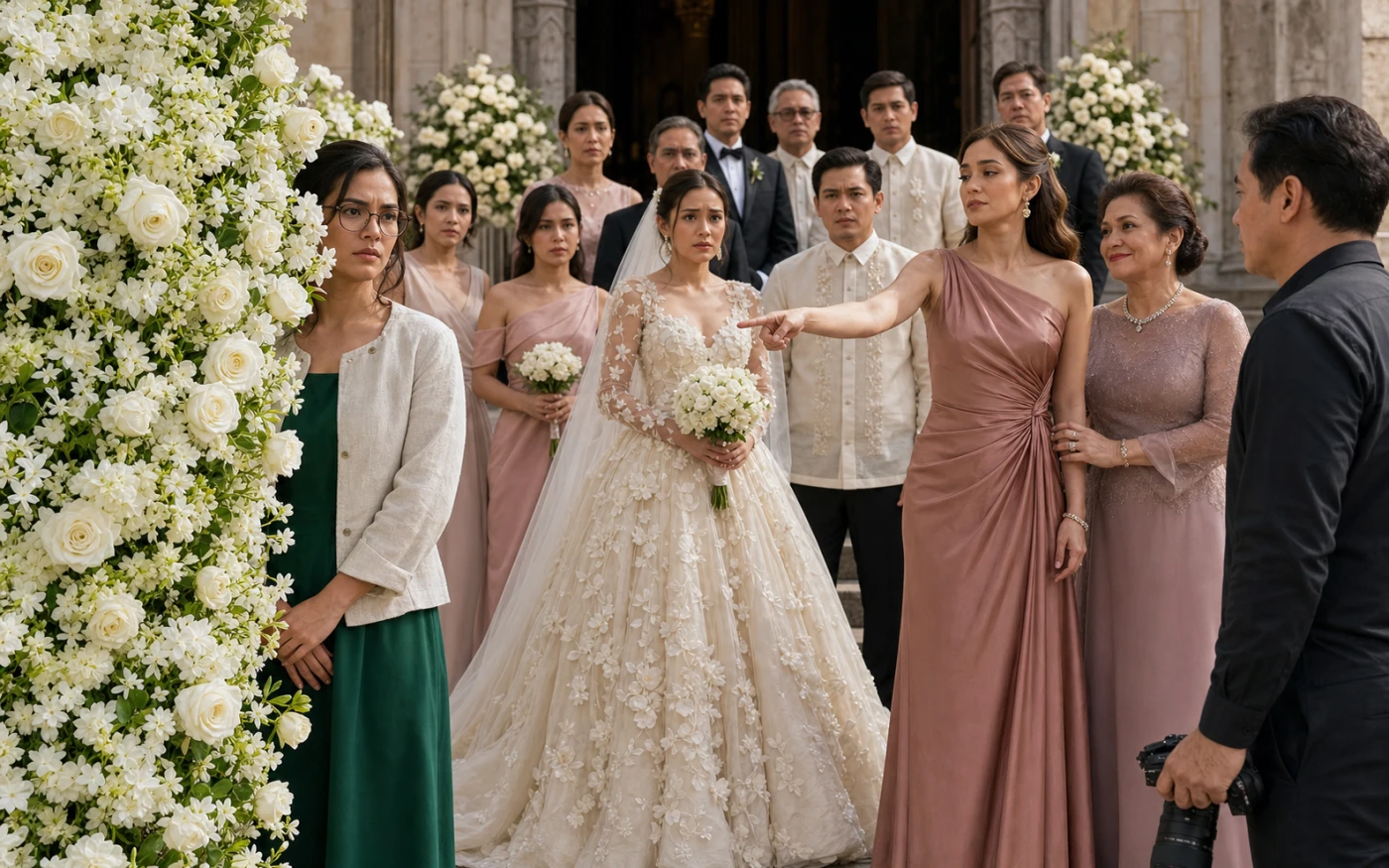A Filipina woman in glasses stands partly hidden behind a wall of white flowers as a wedding guest points at her and a worried bride watches.