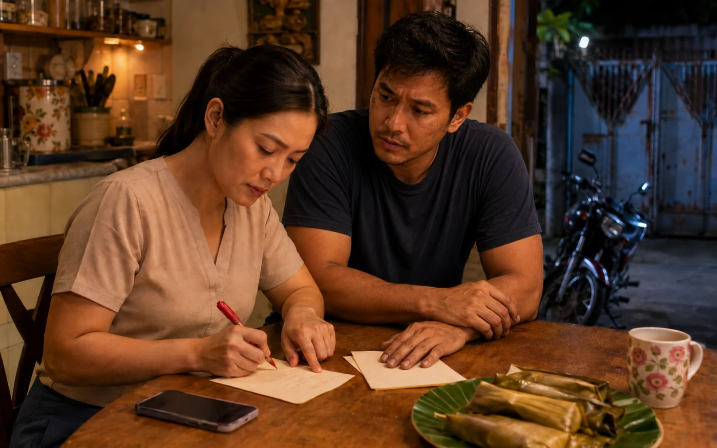 A Filipina teacher marks a handwritten page with a red pen while her grease-stained mechanic friend watches anxiously at a kitchen table.