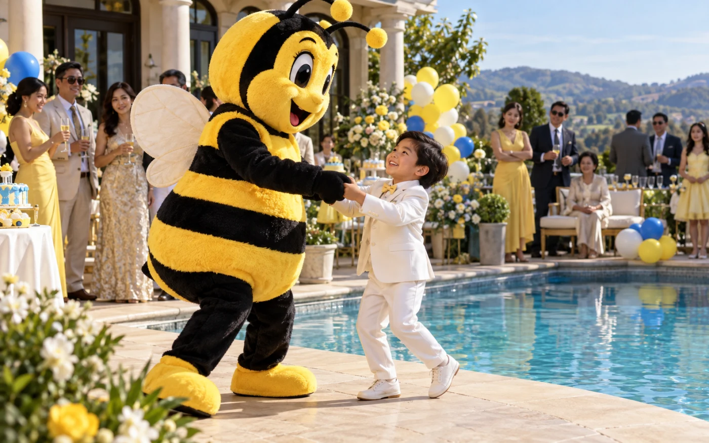 A bee mascot dances with a boy in a white suit beside a pool at an elegant birthday party.