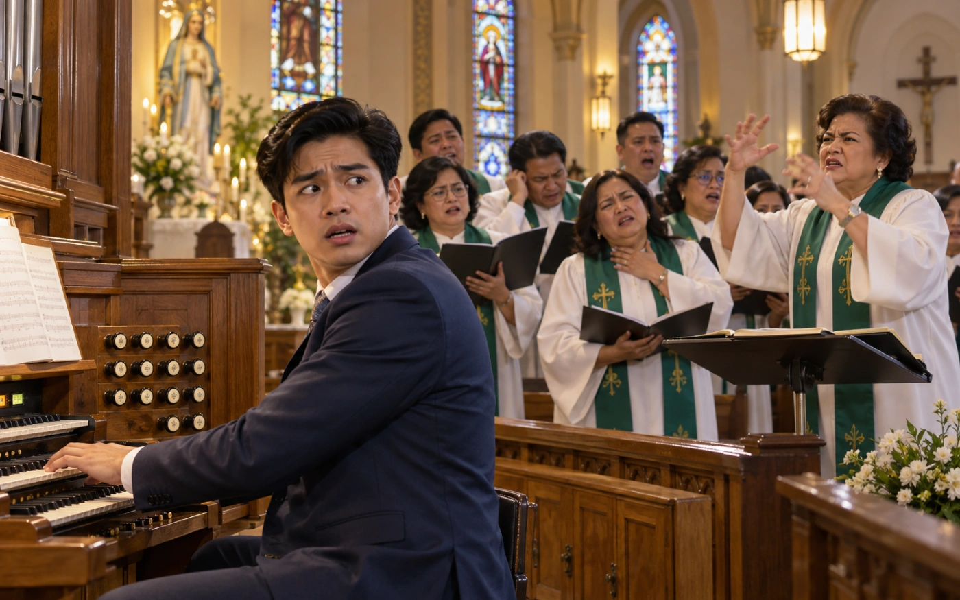 Tumutugtog ang isang matandang Filipino organist sa rehearsal habang sumesenyas ang nag-aalalang choir director at nakatingin ang mga miyembro ng choir sa loob ng simbahan.