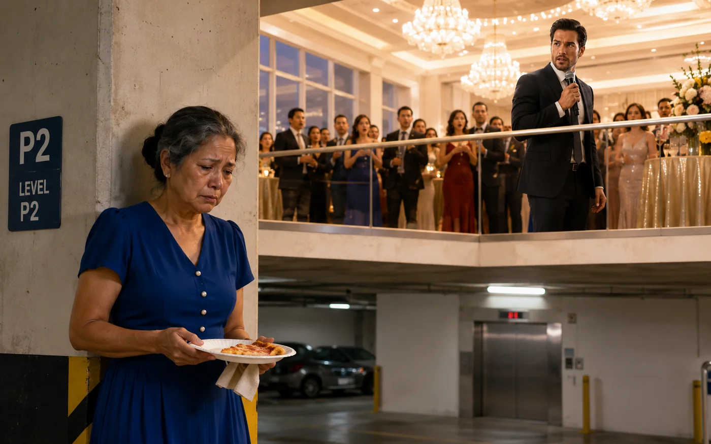 An older woman in a blue dress sits alone in a parking garage while the new CEO addresses a shocked company party above.