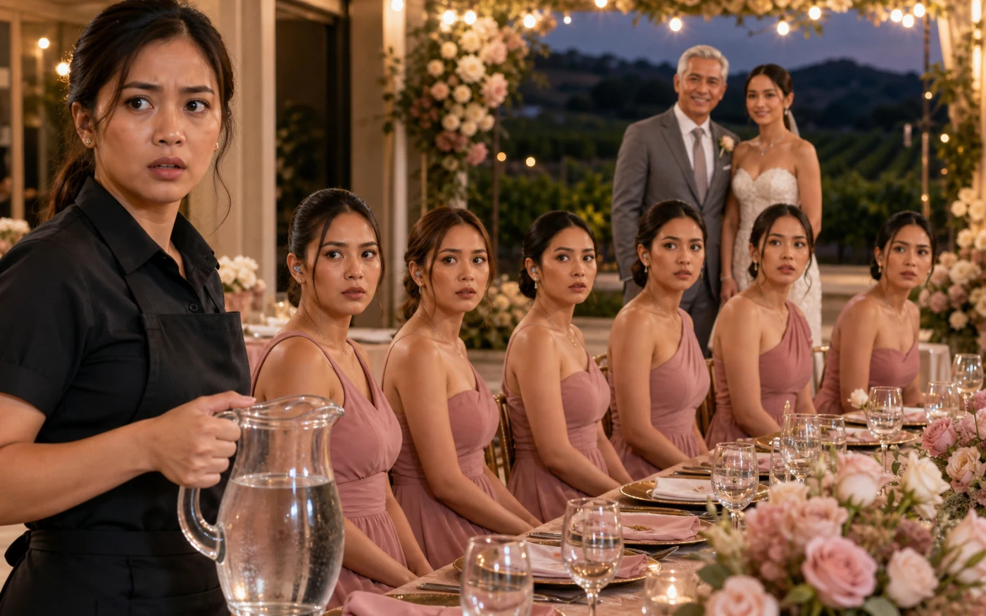 A wary Filipina caterer holds a water pitcher beside six bridesmaids in dusty-rose dresses while a silver-haired groom smiles behind them.