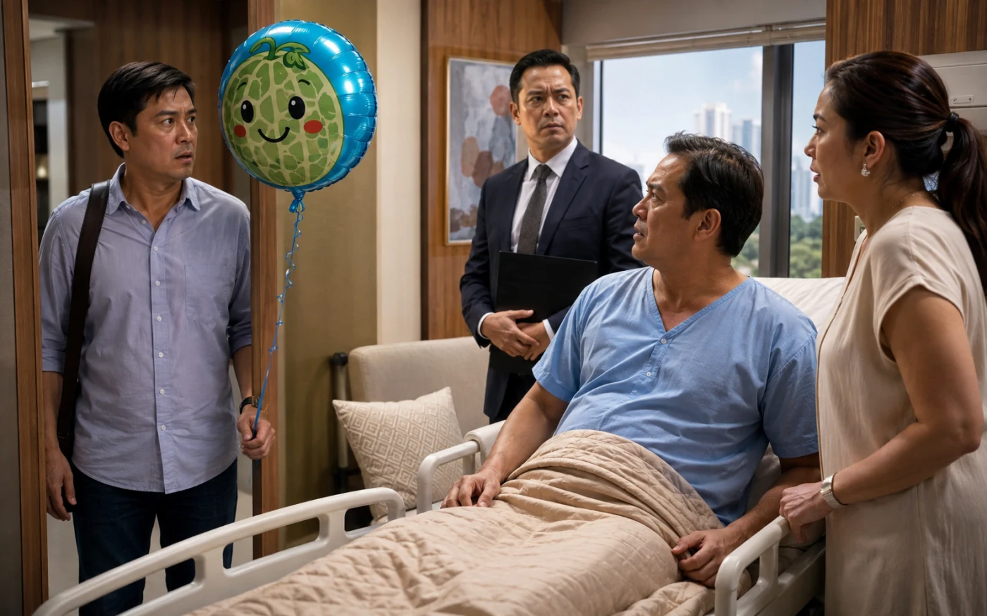 A stunned Filipino man holding a blue melon balloon meets the recovering patient, his wife, and a lawyer in a hospital room.