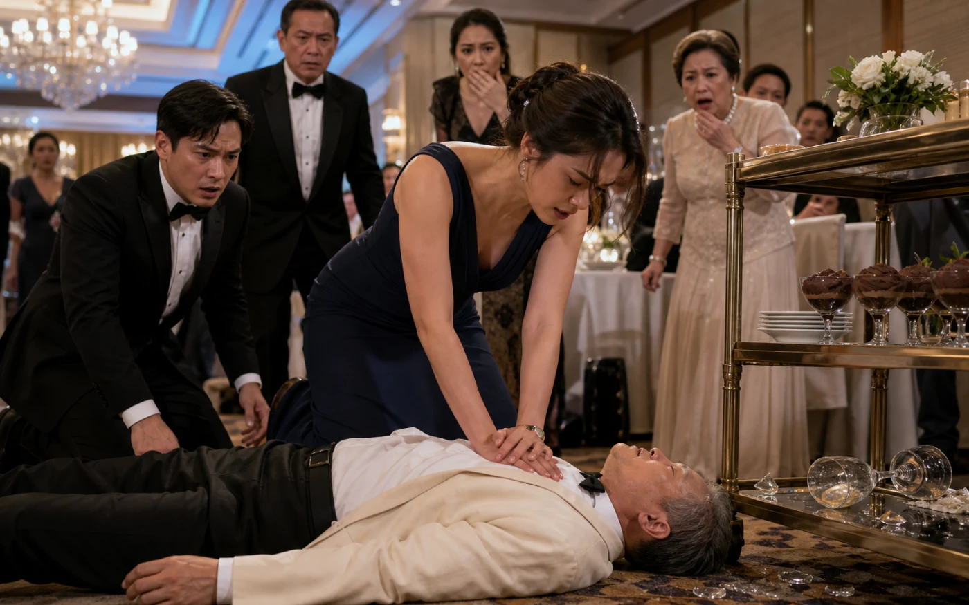 A woman in a navy dress performs CPR on an older man beside a dessert cart as shocked banquet guests watch.