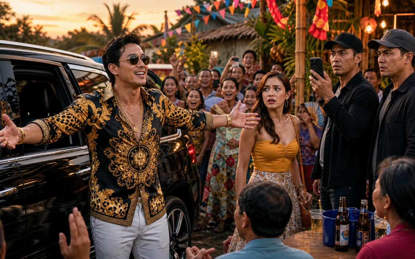 A flashy Filipino balikbayan spreads his arms beside a black SUV at a barangay fiesta while his worried cousin notices two stern men filming him.