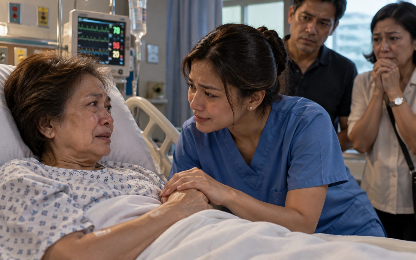 A Filipina daughter-in-law in a blue clinic uniform leans toward her tearful mother-in-law in a hospital bed as two worried relatives watch.