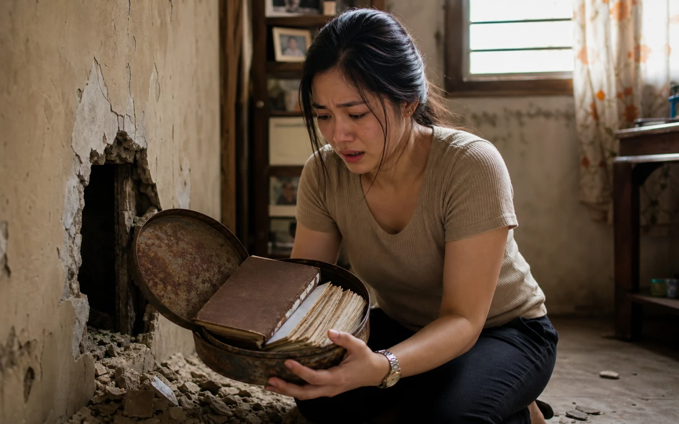 A distressed Filipina woman kneels beside a broken wall while holding a rusted tin filled with an old diary and papers.