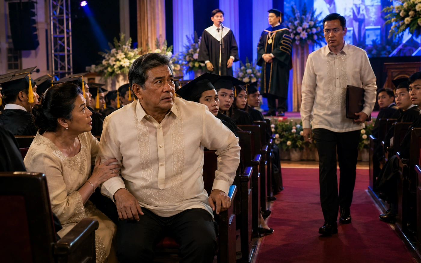 Worried Filipino man at graduation as an administrator approaches with a folder.