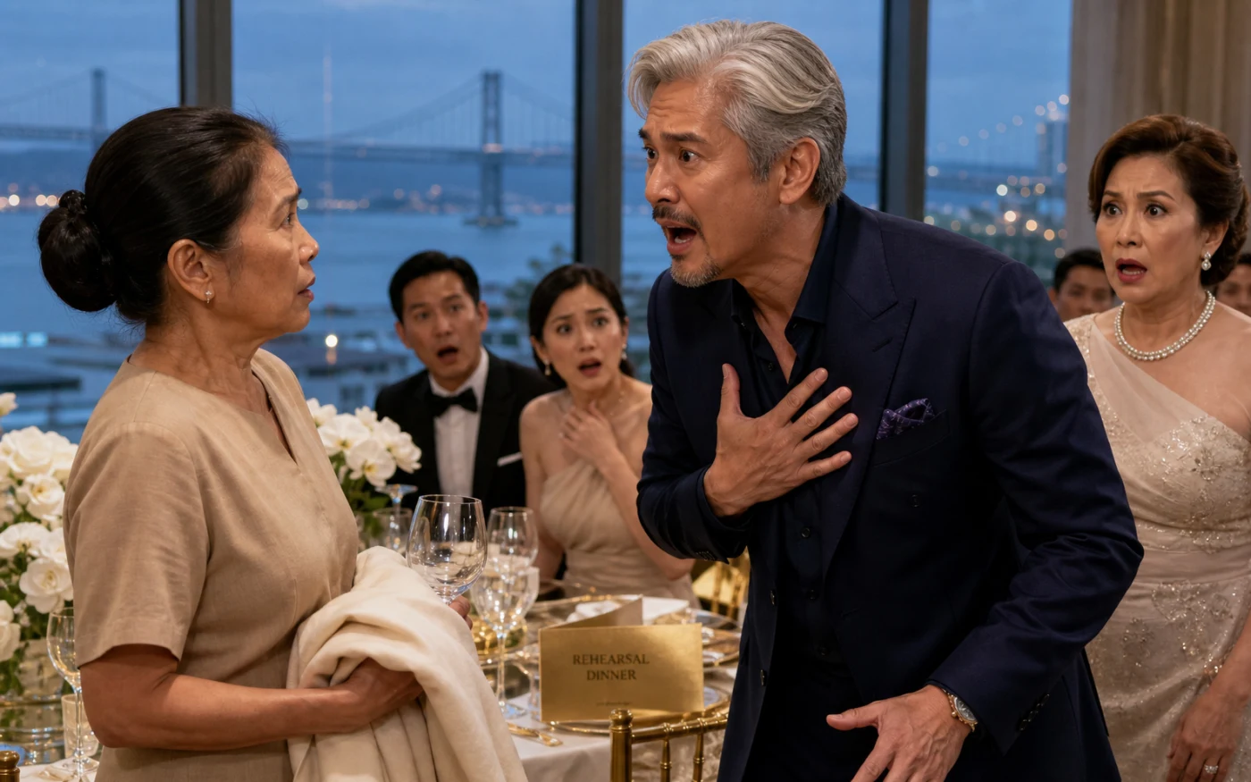 An older Filipino seamstress holding a cream coat and wine glass faces an astonished silver-haired designer at a rehearsal dinner.