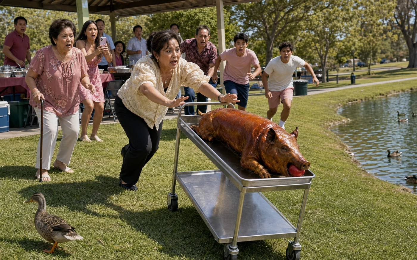 A Filipina in a cream blouse lunges after a lechon cart rolling toward a park pond as alarmed relatives chase and an older woman follows with a cane.