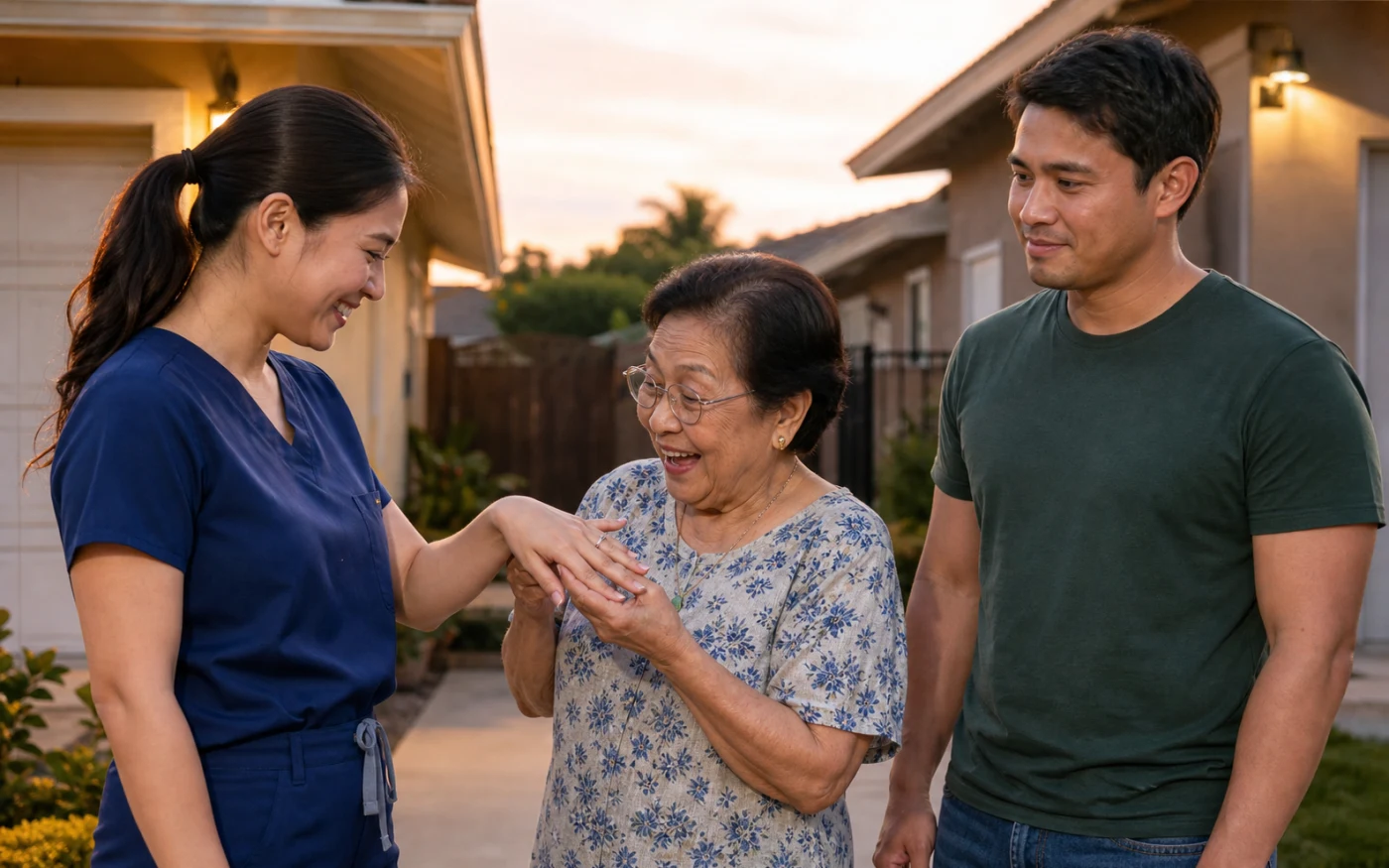 An older Filipina woman delightedly inspects a nurse's engagement ring while a bashful man watches between two neighboring homes.