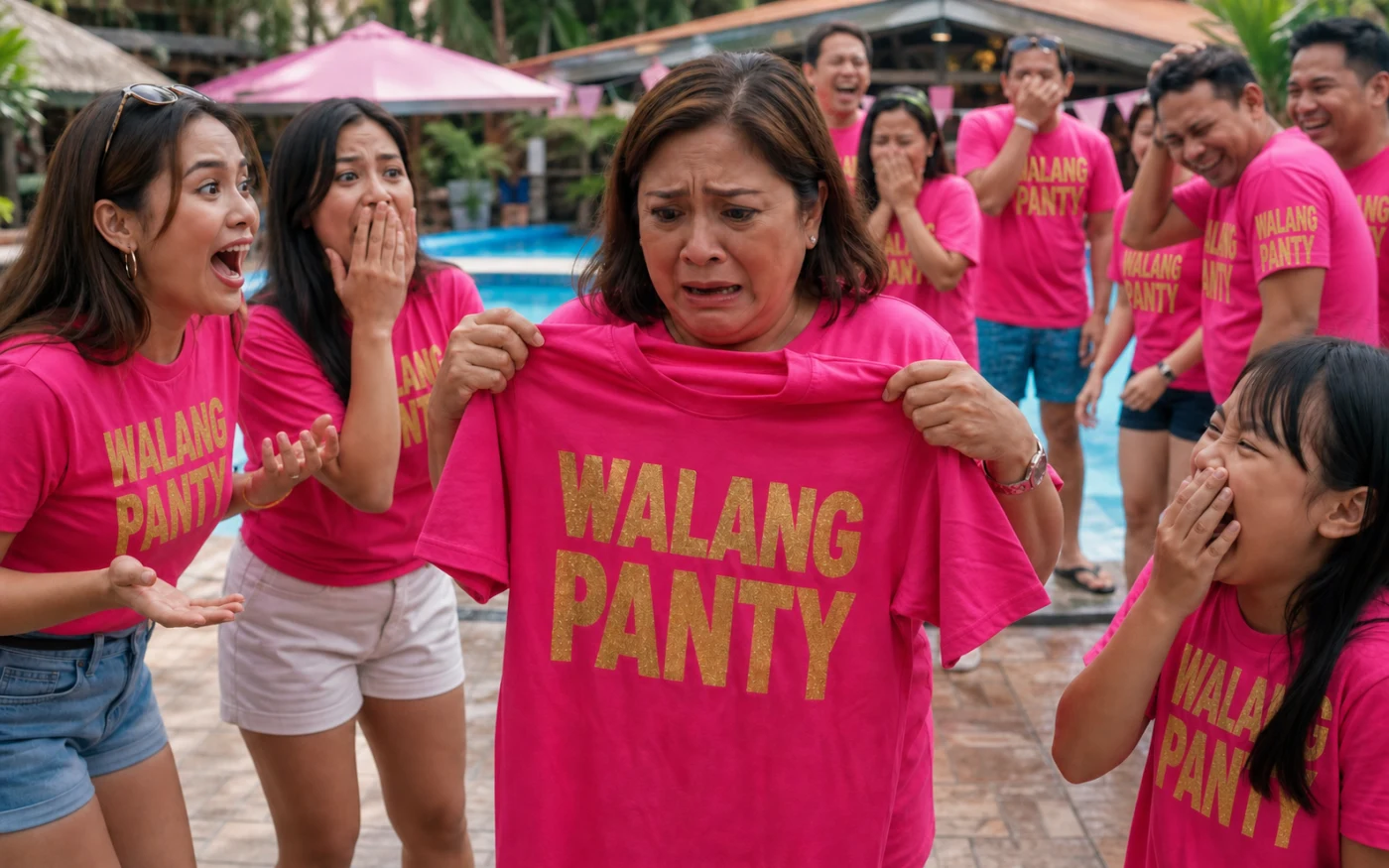 A mortified Filipina mother holds up a neon pink WALANG PANTY shirt while relatives in matching printed shirts laugh around a resort pool.