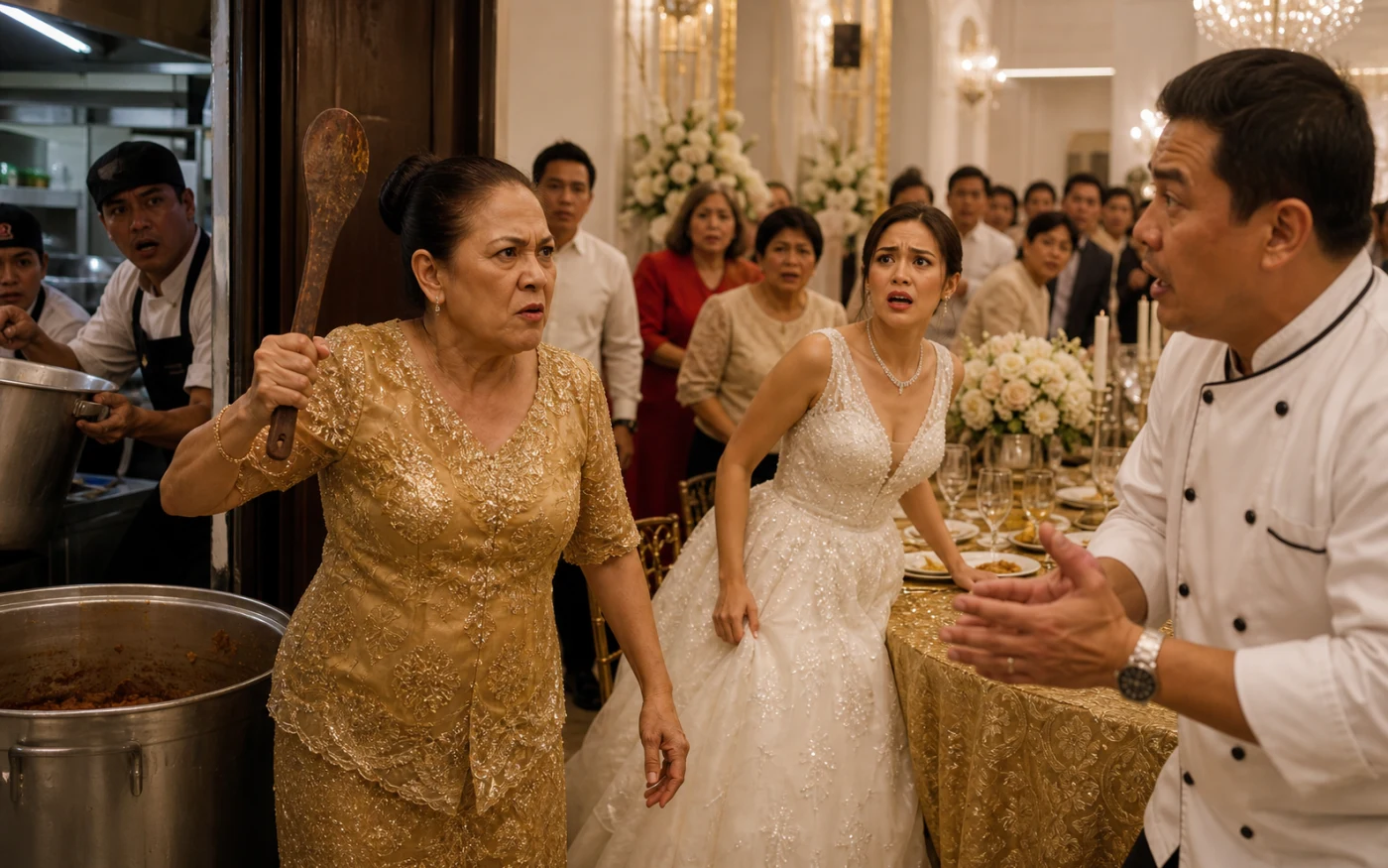 A stern older Filipino woman raises a battered wooden spoon at a caterer as a shocked bride and wedding guests watch beside a large cooking pot.
