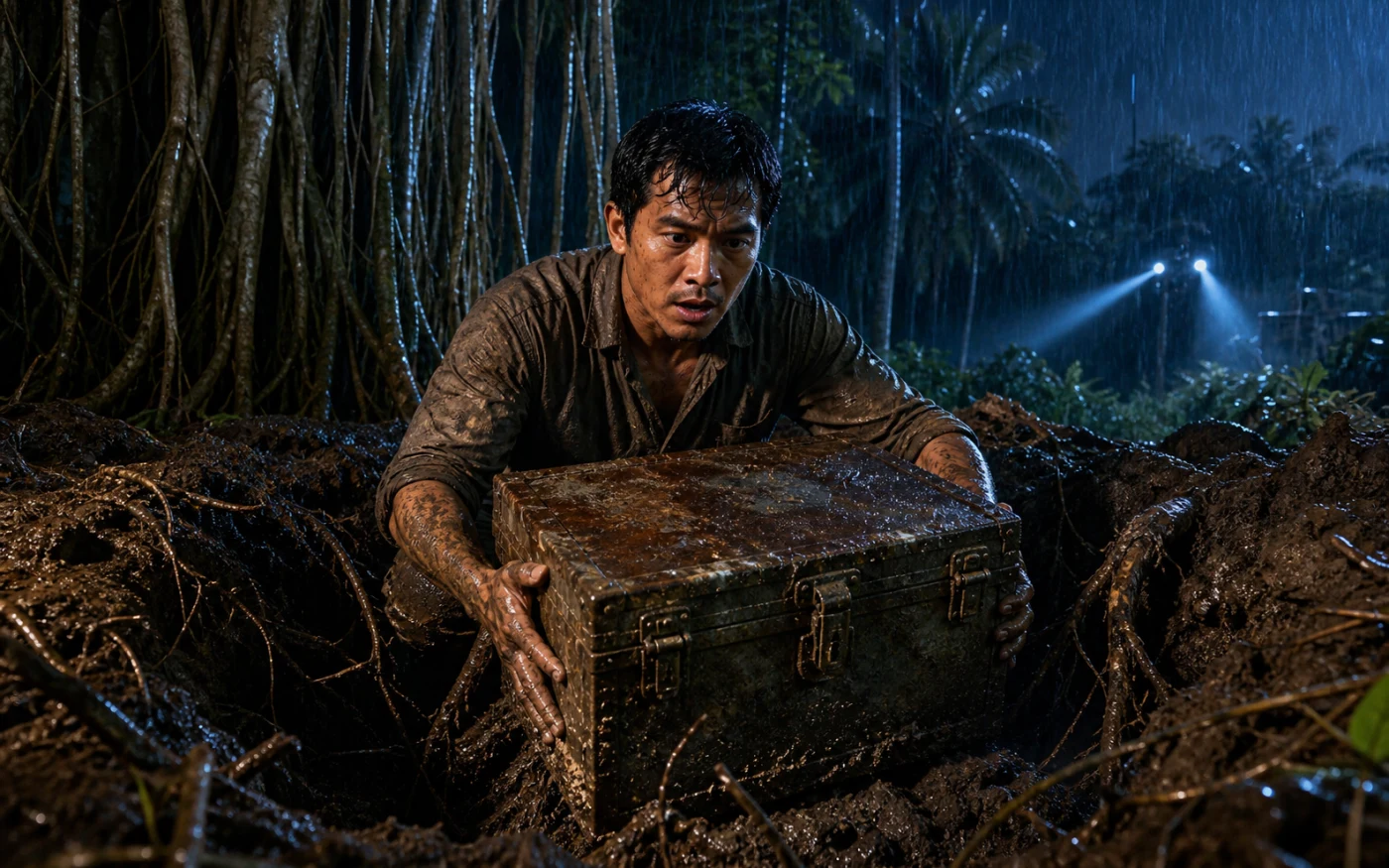 A muddy Filipino farmer pulls a rusted metal chest from tangled tree roots in heavy rain.