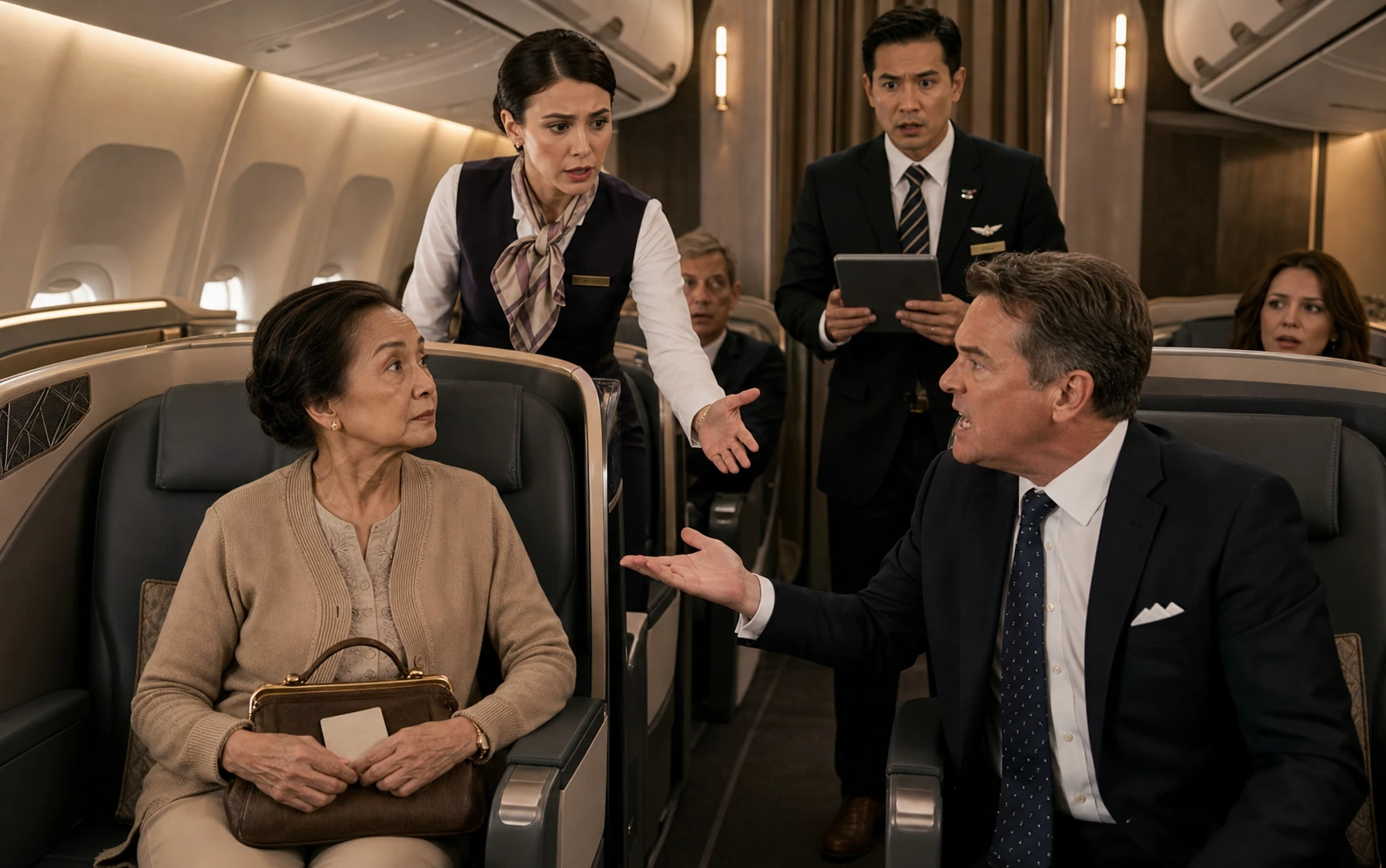 A calm older woman in first class faces an angry businessman and concerned flight attendant.
