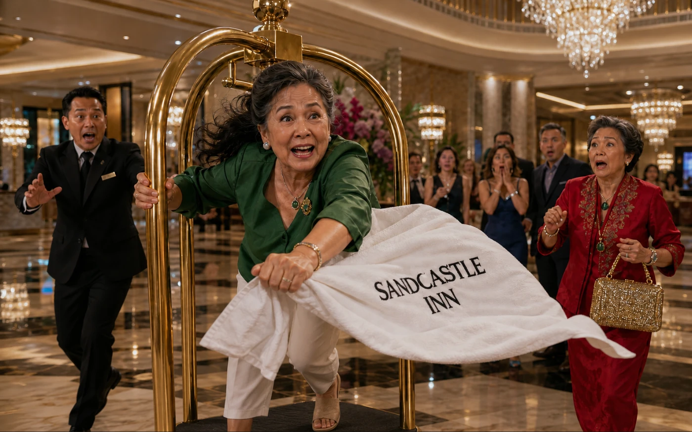 An older Filipina rides an empty brass luggage cart through a Las Vegas hotel lobby as shocked guests chase after her.
