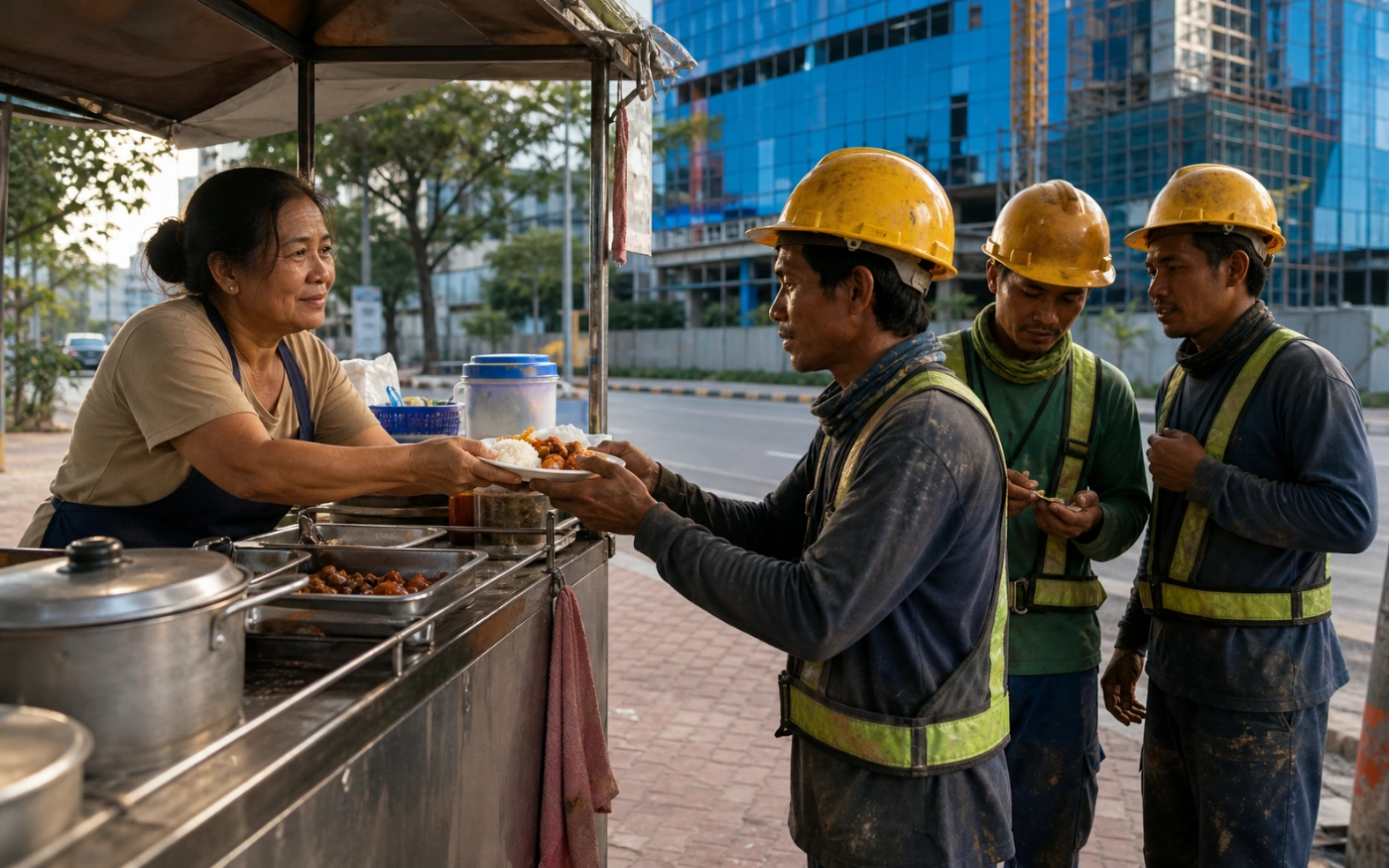 A smiling Filipina food-cart vendor ladles chicken afritada for a line of construction workers beside a blue-glass tower at sunrise.