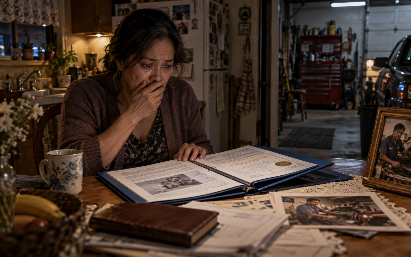 A stunned Filipina widow reads a surprising patent discovery in an investigation report at her kitchen table, with her late husband’s photo and old red tool chest nearby.