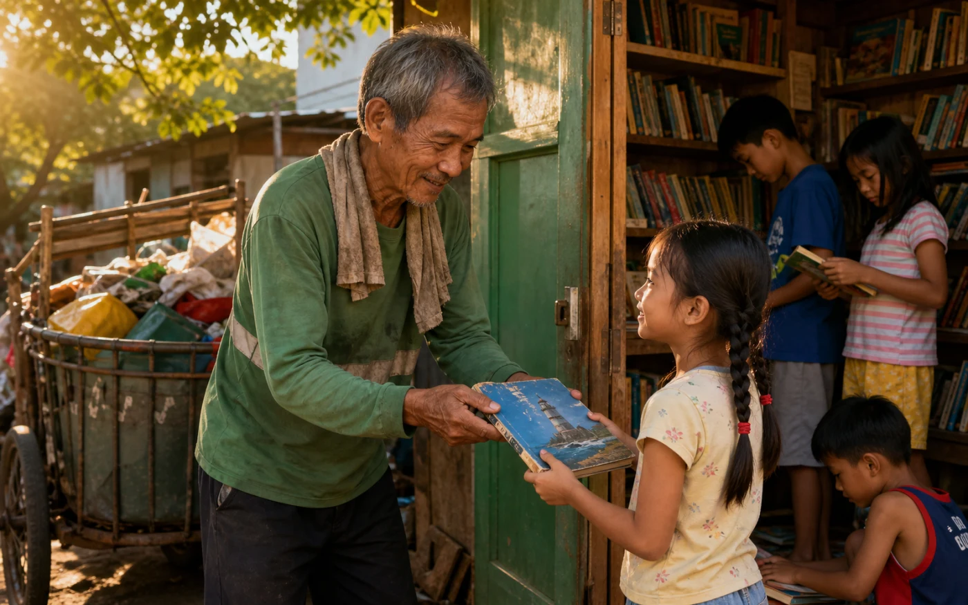 An older Filipino garbage collector offers a blue lighthouse book to a girl outside his green-doored neighborhood library.