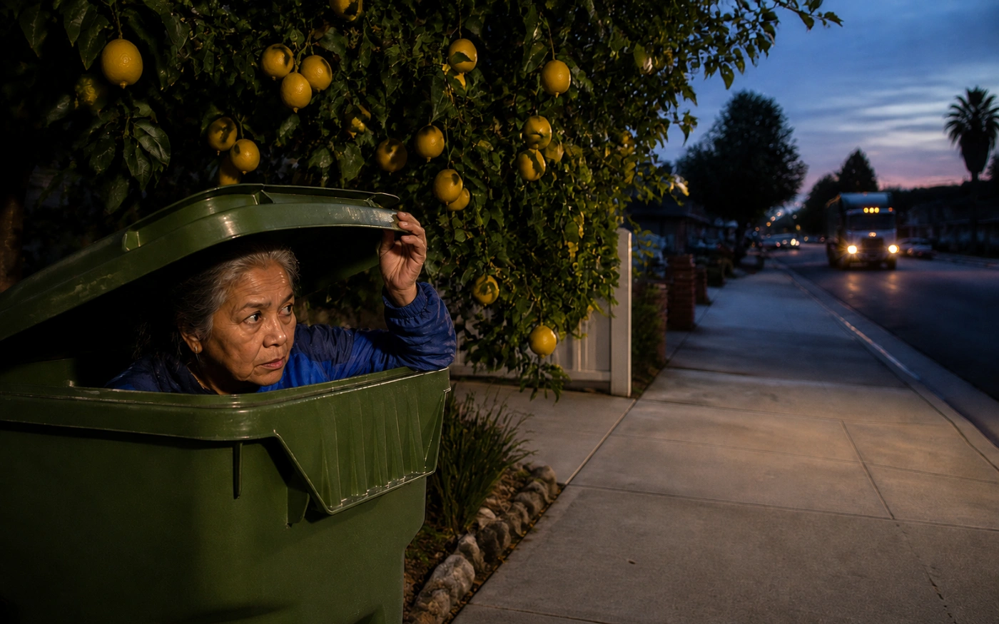 An older Filipino woman peers from a green trash bin beneath a lemon tree as a garbage truck approaches before dawn.