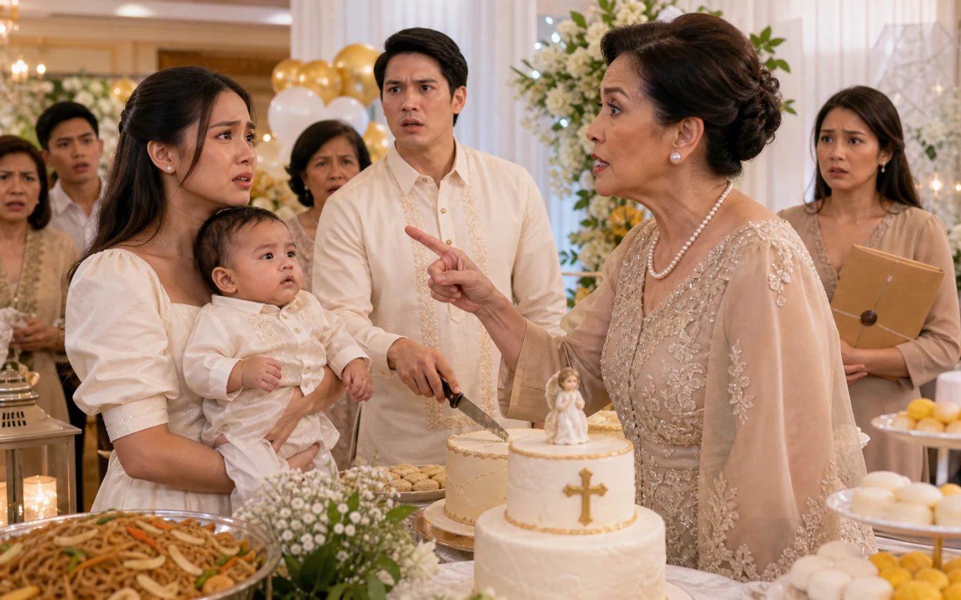 A distressed Filipina mother holds her baby beside a christening cake as his grandmother points at them and stunned relatives look on.