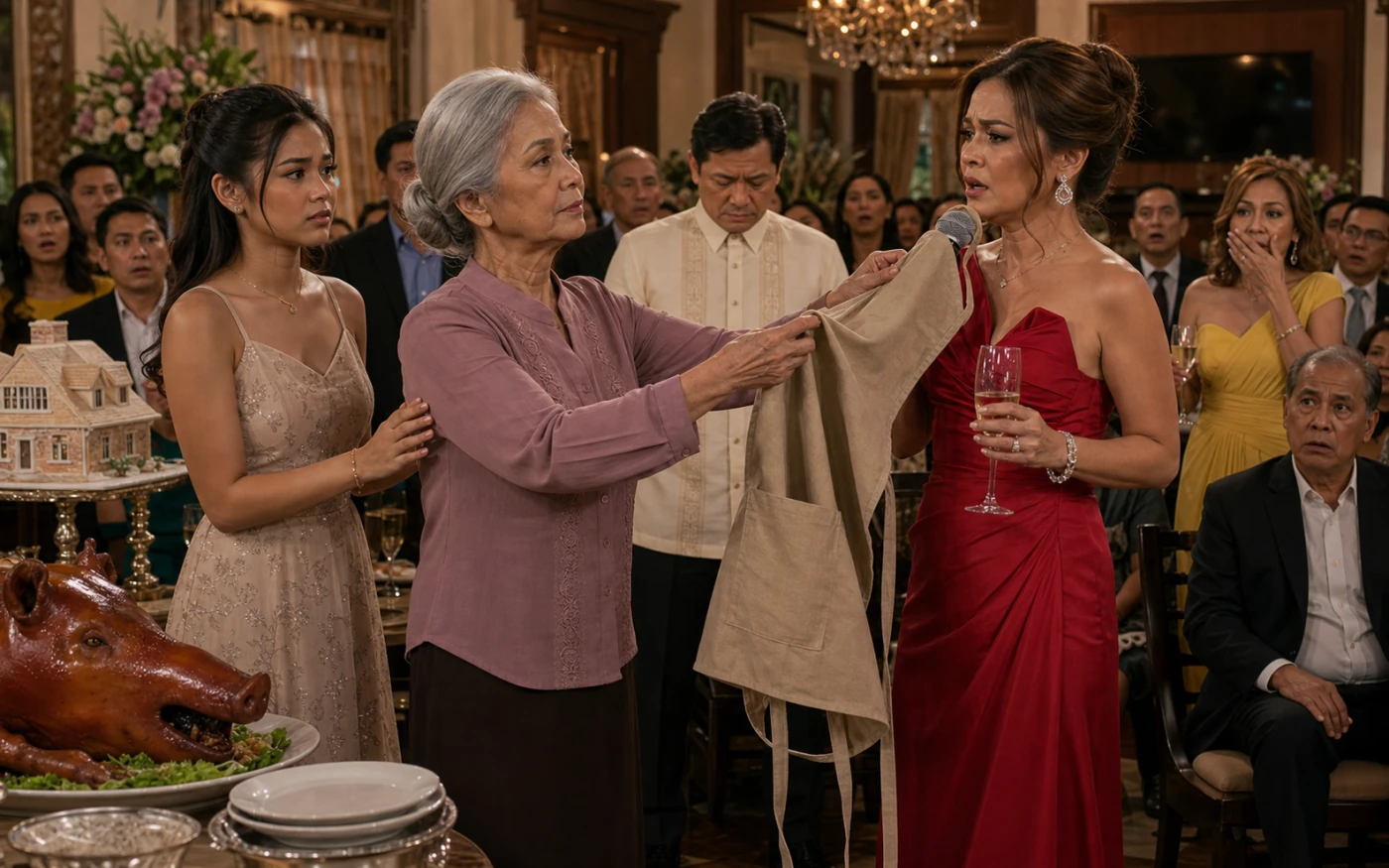An elderly Filipina holds her removed apron across her red-gowned daughter-in-law’s microphone as family and party guests react beside a lechon buffet.