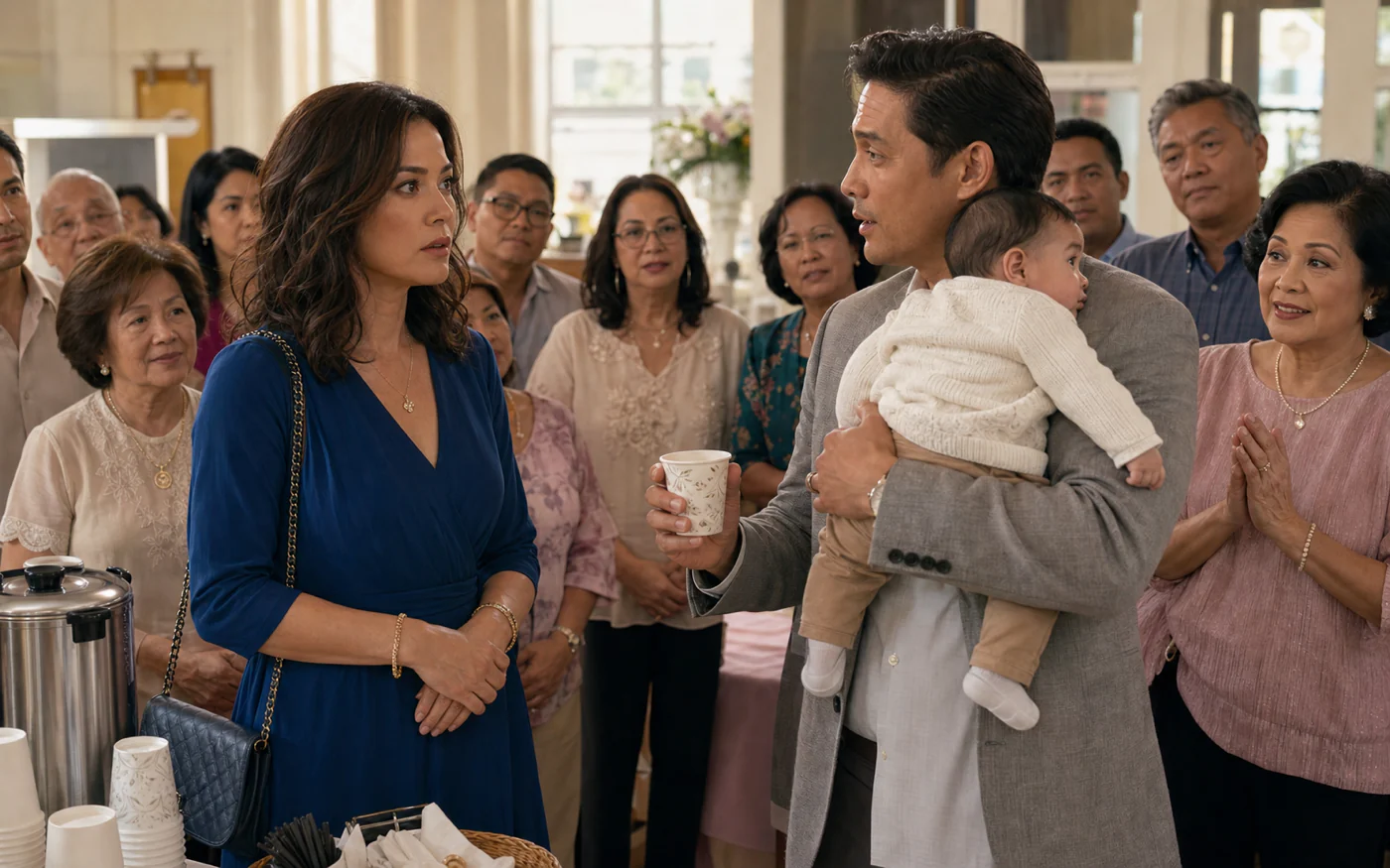 A Filipino American man holding his baby asks his wary ex-wife a question as parishioners watch in a bright church hall.