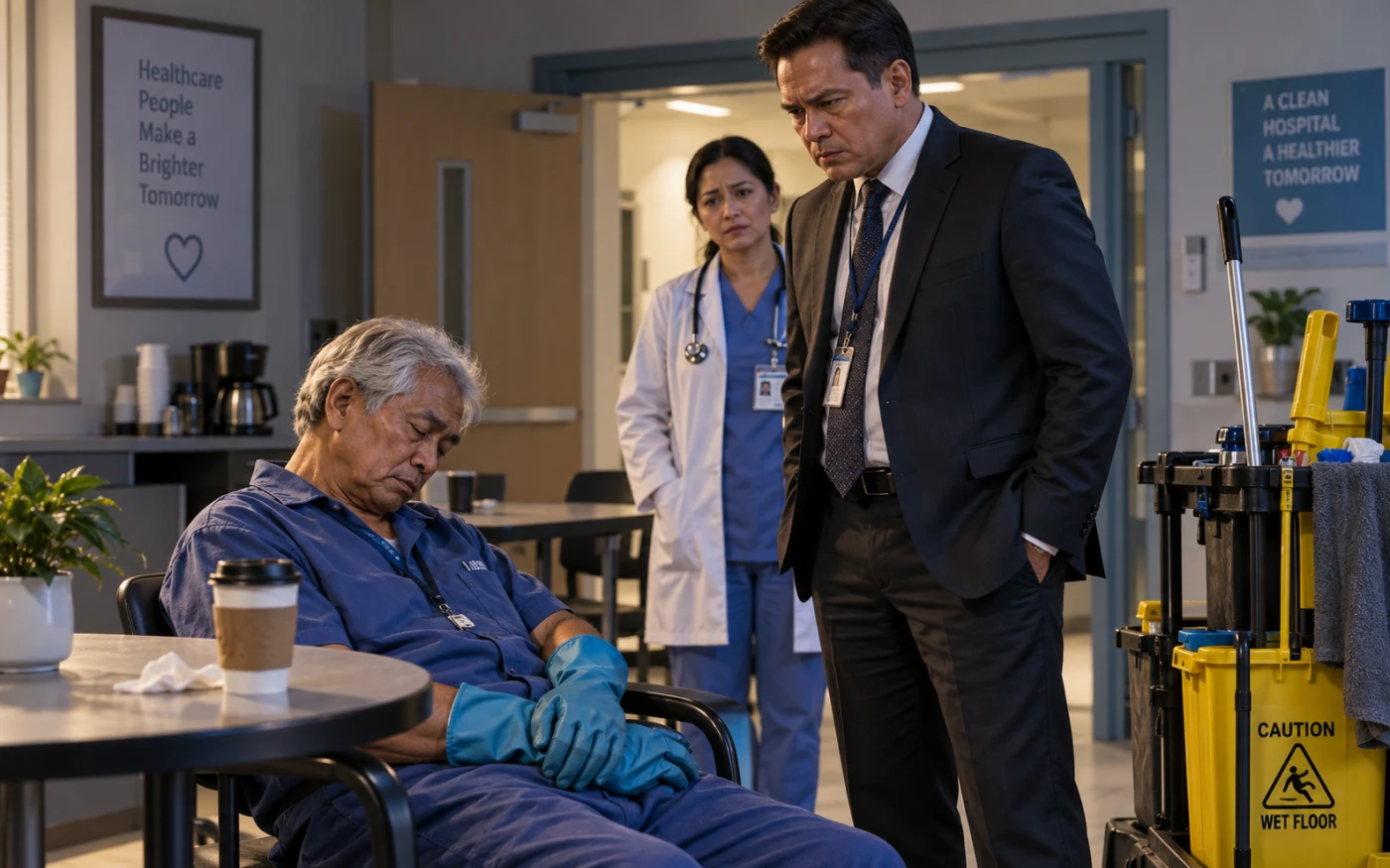 An elderly Filipino janitor sleeps in a hospital breakroom while a stern administrator and concerned doctor look on.