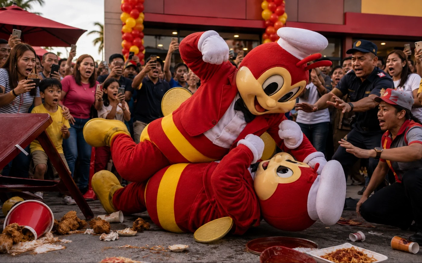 Two red-and-yellow bee mascots wrestle amid spilled food as a shocked crowd films outside a restaurant grand opening.