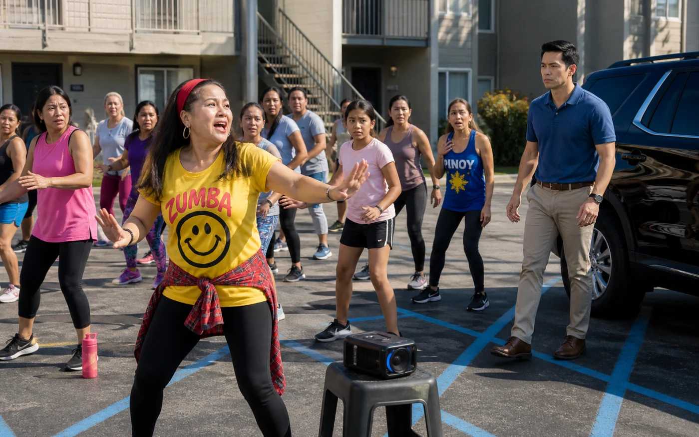 Fely leads neighbors in a sunny apartment parking-lot Zumba class as a stern property manager approaches from a black SUV.