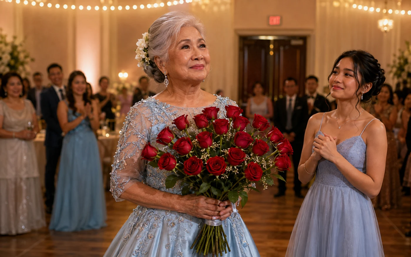 An elderly Filipina in a pale-blue beaded gown holds a bouquet of red roses as her teenage granddaughter watches in a warm-lit ballroom.