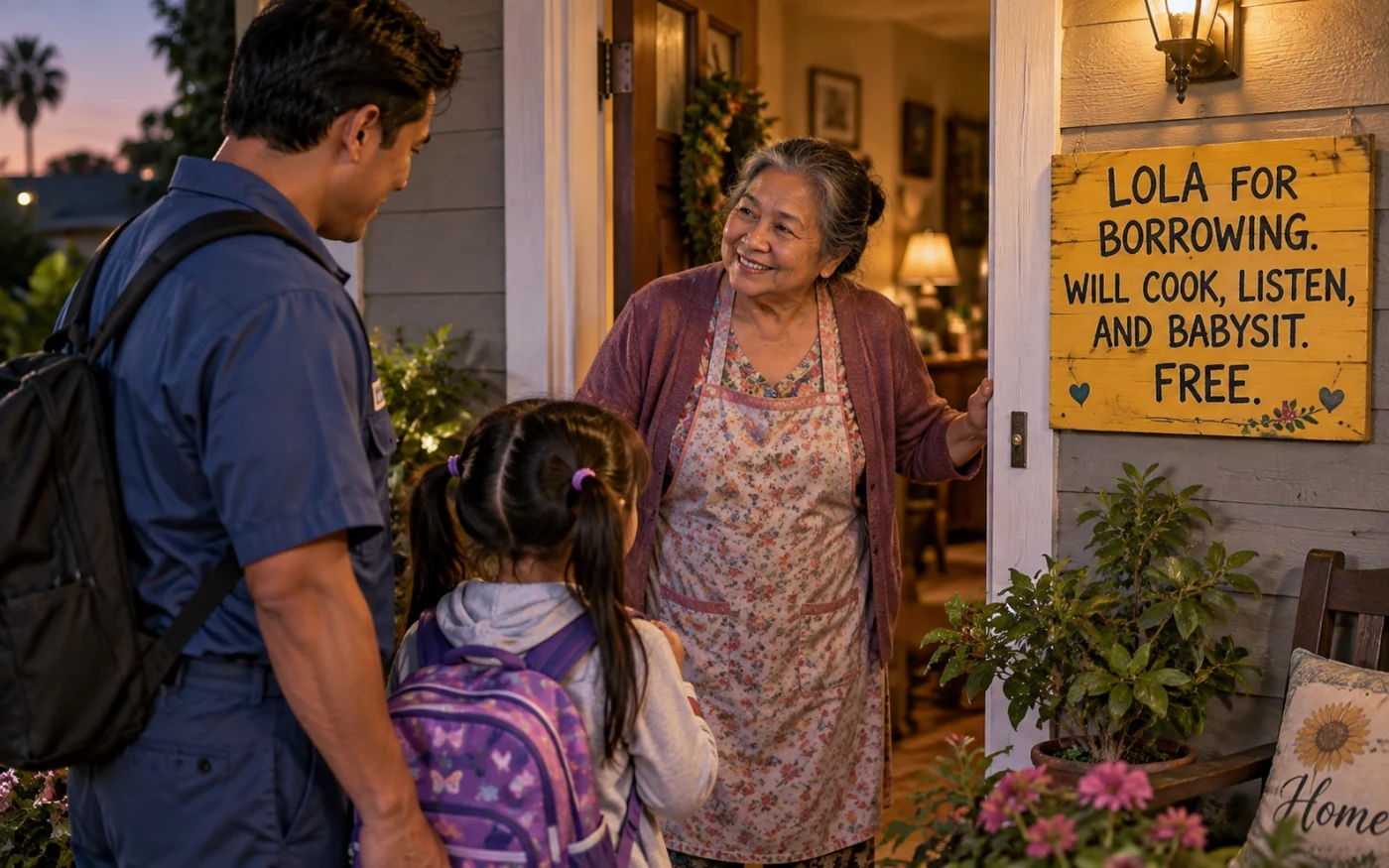 A smiling Filipino lola welcomes a father and young girl beside her yellow “Lola for Borrowing” porch sign.
