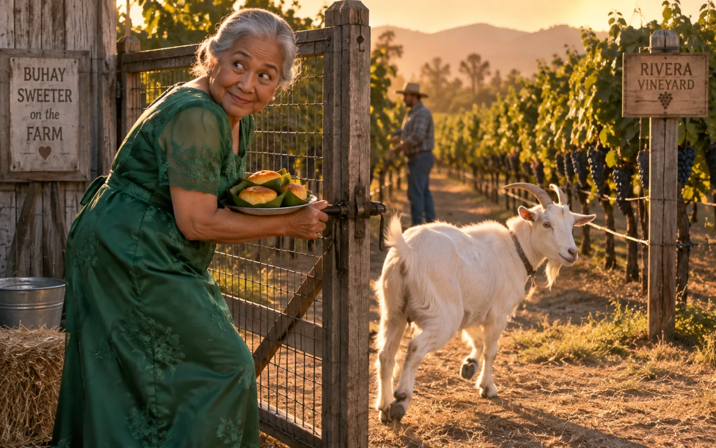 An elderly Filipina in a green dress opens a farm gate as a white goat trots into a sunlit vineyard.