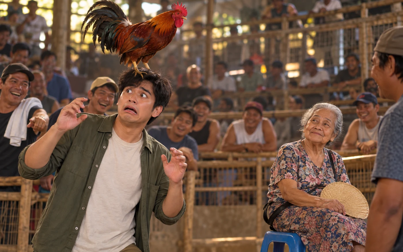 A startled Filipino man stands with a rooster perched on his head while his lola watches calmly in a crowded cockfighting arena.