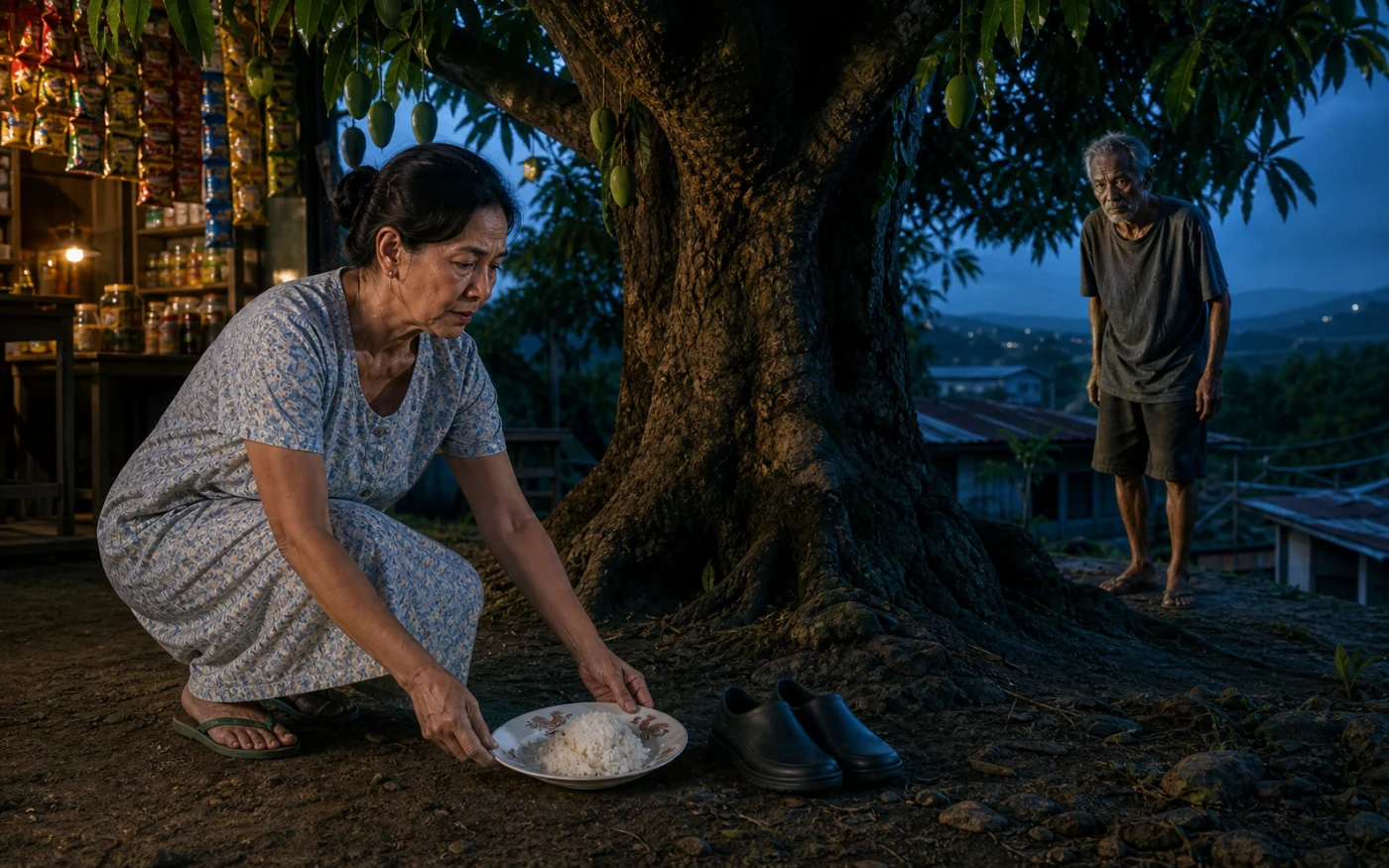 An older Filipina sets a rooster-patterned plate of rice and new black shoes under a mango tree while an elderly man watches from the hillside.