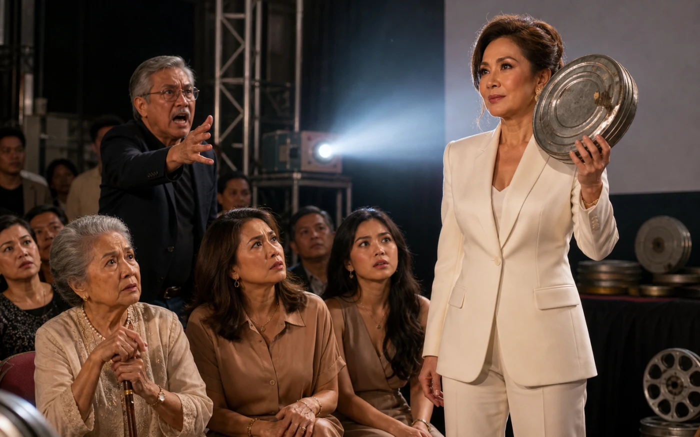An elegant older actress in a white pantsuit holds up a dented film can as three generations of a Filipino-American family watch and an angry director protests.