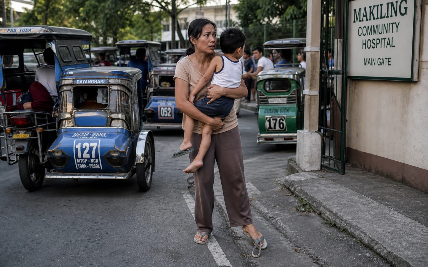 A distressed Filipina mother with a broken slipper holds her young son outside a hospital gate while searching among crowded tricycles.