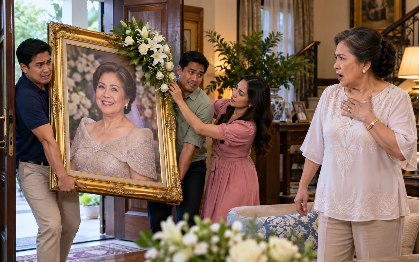 Binubuhat ng dalawang anak na lalaki ang isang malaking portrait na may gintong frame at mga bulaklak papasok sa sala habang gulat na gulat ang kanilang ina at inaayos naman ng anak niyang babae ang frame.