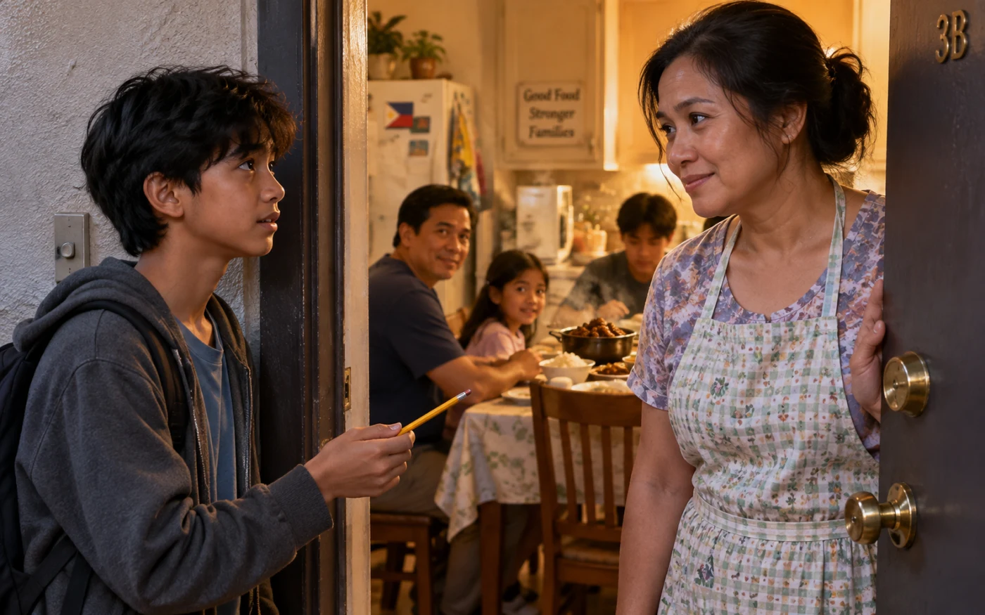 A Filipino teenage boy with a backpack holds up a pencil at an open apartment door as a family eats dinner inside.