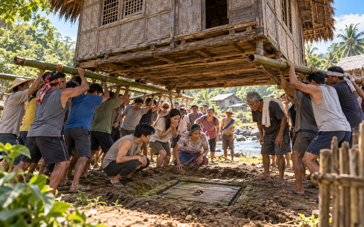 Filipino neighbors lift an old nipa house on bamboo poles while others discover a wooden hatch in the ground below.