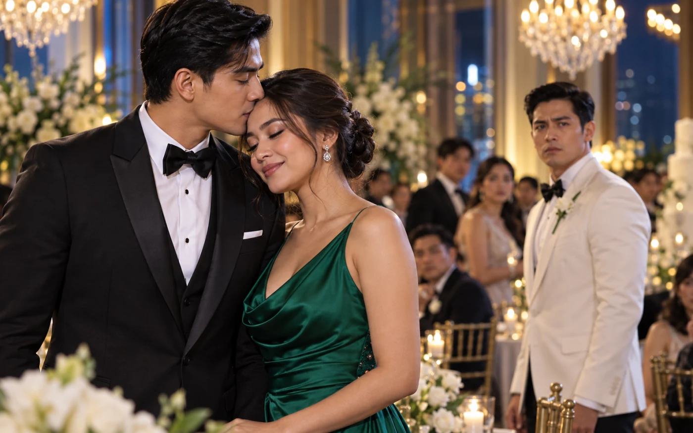A tuxedoed Filipino man kisses his date’s temple as her ex-groom watches at an elegant wedding reception.