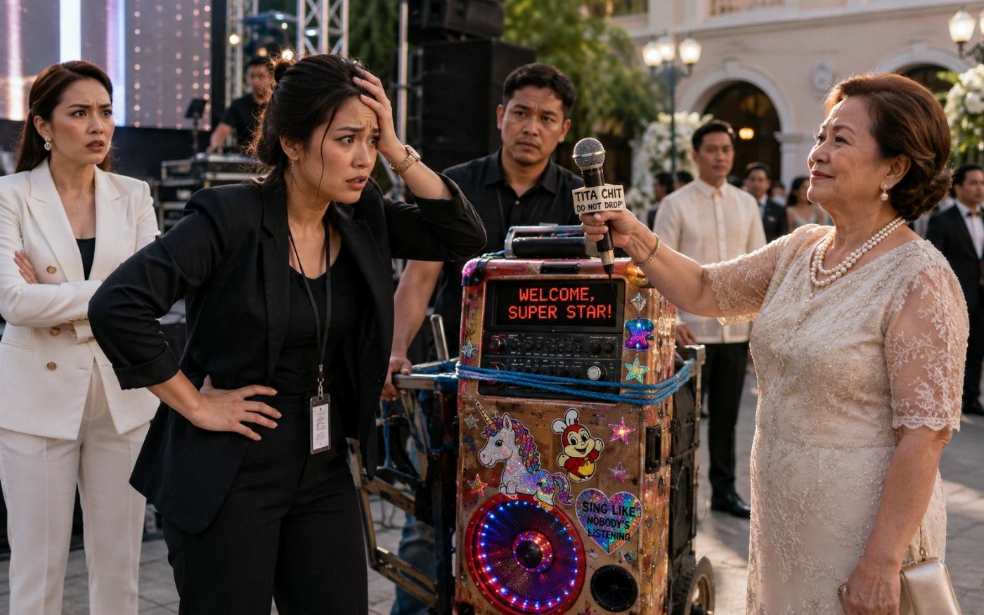 Mara and a horrified gala producer react as pearl-wearing Tita Chit smiles beside a sticker-covered karaoke machine strapped to a tricycle.