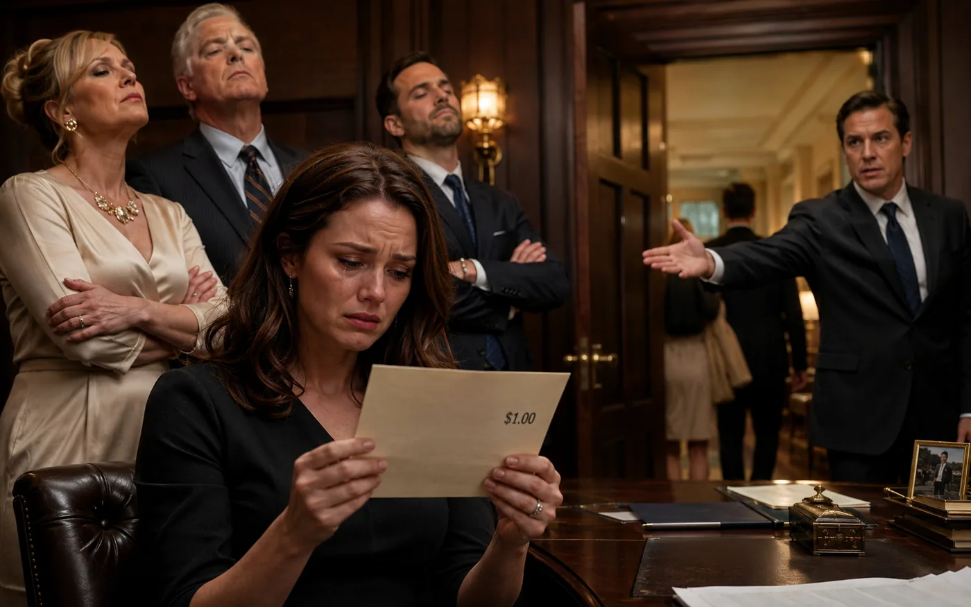 A woman reads a one-dollar inheritance while a lawyer dismisses her smug in-laws.