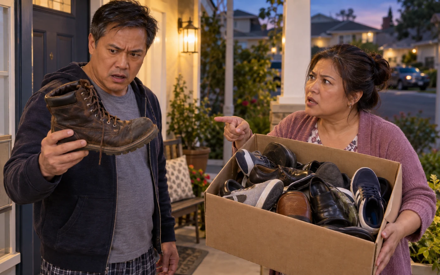 A Filipina woman holds a box of mismatched shoes while her startled neighbor examines a worn work boot on his porch.