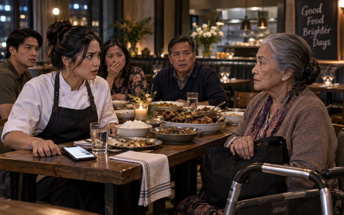 A young Filipina chef stares at her seated grandmother across a family meal in an otherwise empty restaurant, with a phone, black bag, and walker between them.