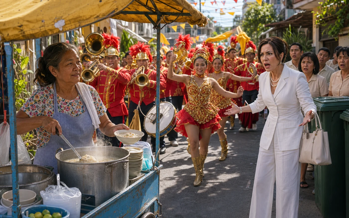 An older Filipina vendor ladles arroz caldo from her worn blue cart while a red-and-gold parade approaches and a woman in white reacts beside green dumpsters.